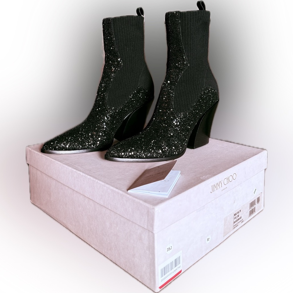 Jimmy Choo Mele Glitter 85 Western Stretch Knit Block Heel Ankle Boots Black 39 - Picture 4 of 9
